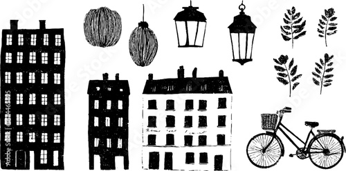Linocut city street elements: seamless pattern of buildings and lanterns for vintage design