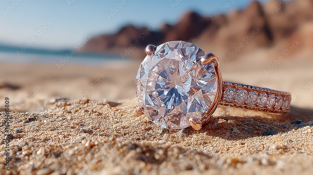 Fototapeta premium Diamond ring placed on sandy beach with ocean waves in background during bright sunny day