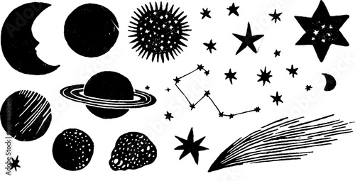 Celestial linocut design elements: moon, crescent, stars, and cosmic symbols for artistic inspiration