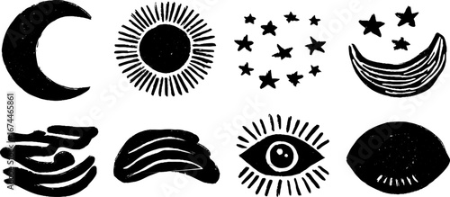 Celestial linocut ornaments set with crescent moon, sun, and stars for boho designs