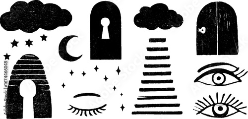 Mystical linocut dream portals: celestial windows and keys for creative design