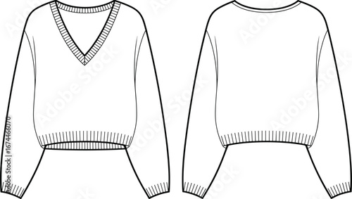V-neck knit sweater flat sketch, front and back view, women’s pullover top design, CAD fashion template vector illustration