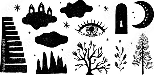 Enchanting linocut dreamscapes collection with floating islands and celestial symbols for boho designs
