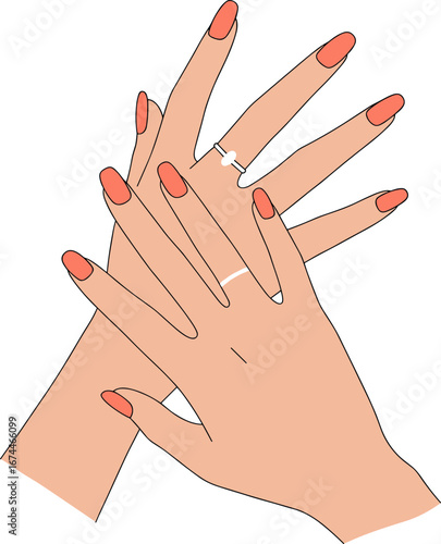 Two illustrated hands with manicured nails showcasing rings  