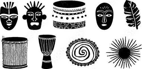 Ethnic tribal decorations collection with mask and drum designs for creative projects