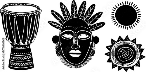 Ethnic linocut tribal decorations collection featuring mask and drum for cultural design