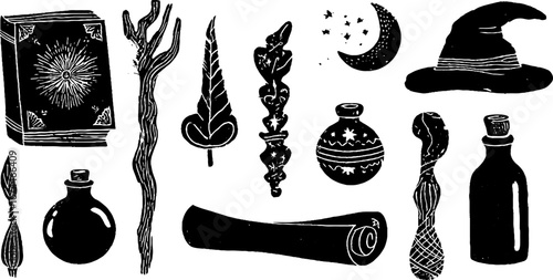 Fantasy magic elements set with wizard staff and spellbook for design and decoration