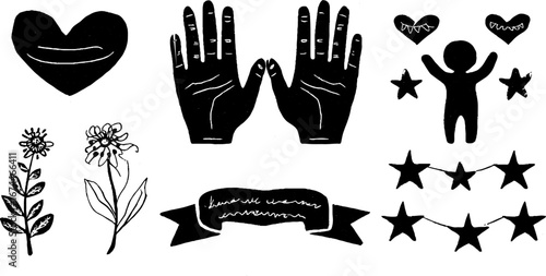 Linocut family icons set: parent and child silhouette with hands and celestial elements for creative designs
