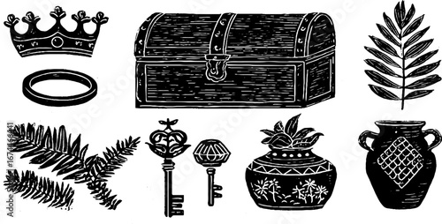 Fantasy treasures collection with linocut design featuring treasure chest, crowns, and keys