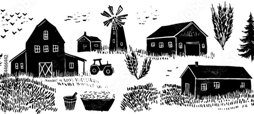 Rustic farm scene linocut pattern featuring barns and windmills