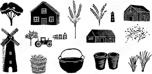 Rustic farm scene linocut pattern with barns, windmills, and fields - ideal for scandinavian design