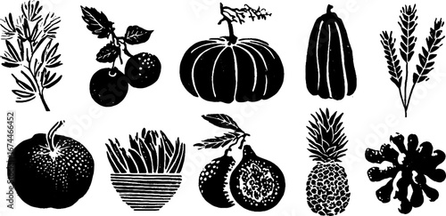 Rustic harvest linocut pattern featuring farmers produce and vegetables for autumn design