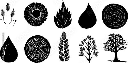 Linocut farming symbols collection with sun, sprouting seeds, and trees for design use