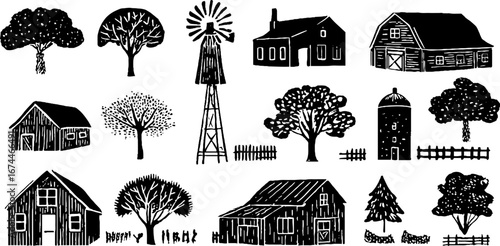 Rustic farmstead icons set with barn, farmhouse, and silo in vintage linocut style for creative design