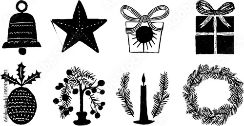 Festive linocut icons set with bell, star, bauble, ribbon, and holiday decorations for seasonal design