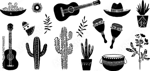 Mexican fiesta seamless pattern with guitars, cacti, and maracas for creative design