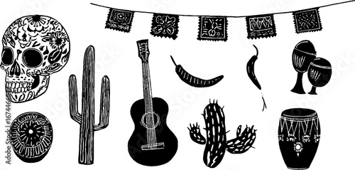 Folk fiesta collection: floral skull and maraca motifs for creative design