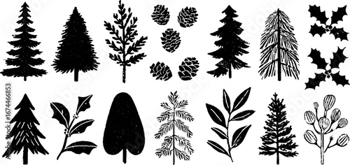 Linocut forest pattern with pine and fir trees for woodland design