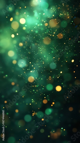 Colorful bokeh with shimmering green and gold lights creating a dreamy atmosphere during a festive event