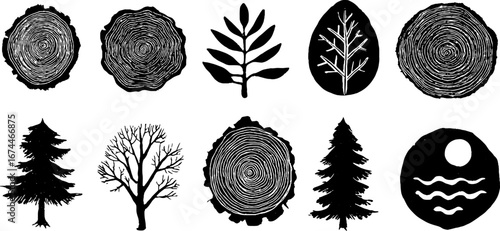 Linocut forest symbols collection featuring tree rings, leaves, and woodland elements for nature design