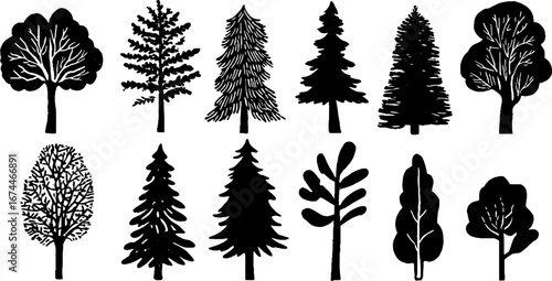 Linocut woodland trees collection with oak birch pine fir and maple for nature-inspired designs