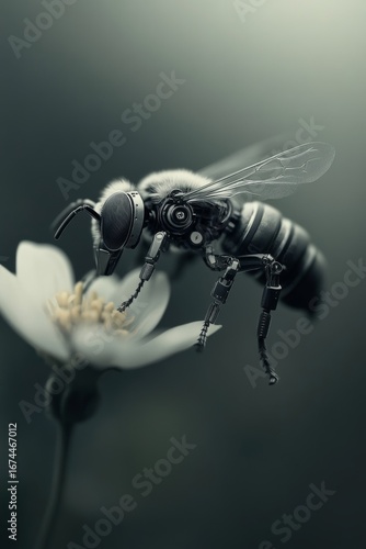 Robotic Bee Pollinating White Flower – Futuristic Macro