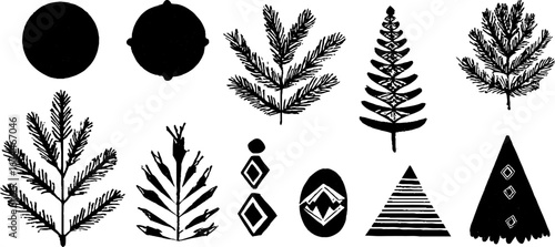 Geometric linocut ornament collection featuring circles and squares for creative design