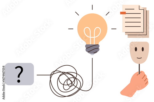 Lightbulb connected to tangled line and question mark, hand holding mask with documents. Ideal for creativity, problem-solving, innovation, clarity, brainstorming, business growth, self-discovery