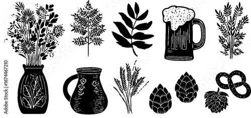 German beer design elements with beer mug, wheat, and hops for vintage decor and craft projects