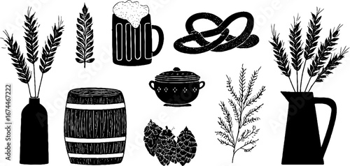 Rustic german beer collection with mugs, barrels, and wheat for vintage decor