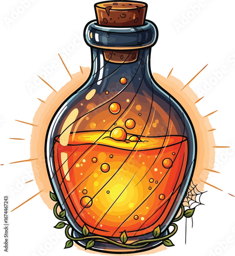 Vibrant potion in a glass bottle with a cork stopper perfect for halloween art