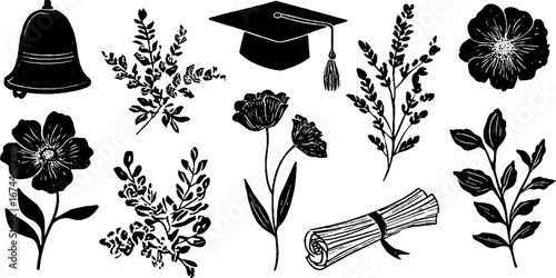 Linocut graduation celebration set with cap, bell, and diploma for design projects