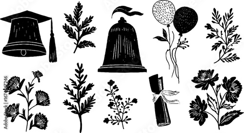 Graduation celebration linocut collection with diploma, bell, and festive elements for card design