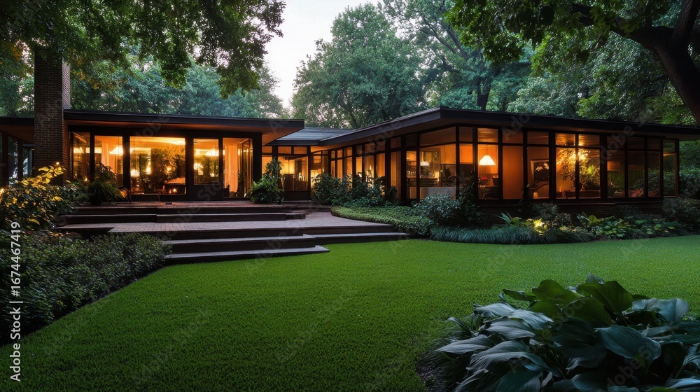 Obraz premium Modern glass house surrounded by lush greenery at dusk with warm interior lights