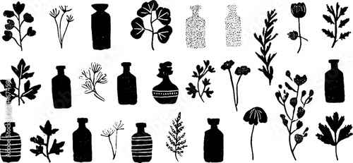 Herbal remedy pattern with bottles, leaves, and flowers design for nature-inspired prints