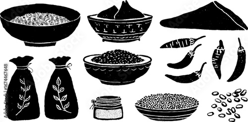Indian cuisine elements in linocut style featuring curry, naan, and spices for culinary design