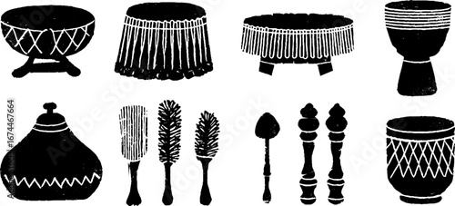 Indonesian gamelan instruments linocut art set for musical decor and cultural design