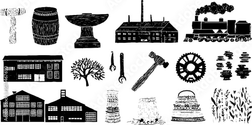 Industrial age factory and tools set with vintage linocut designs for posters or prints