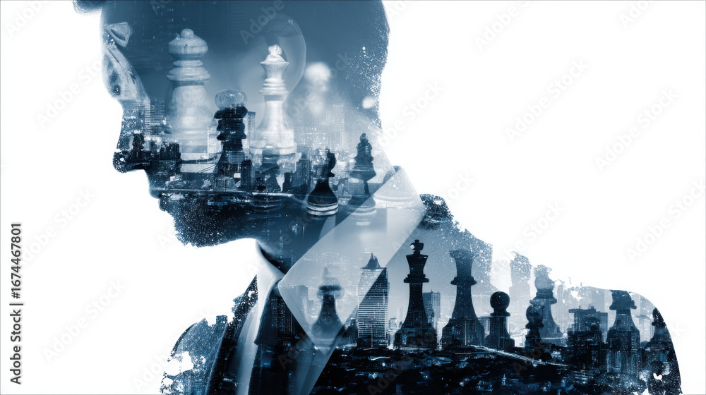 custom made wallpaper toronto digitalThoughtful businessman contemplates strategy, with double exposure of chess pieces and city skyline, symbolizing decision making and competition