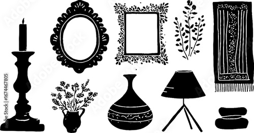 Scandinavian boho interior decorations collection with candlestick and vase for home design