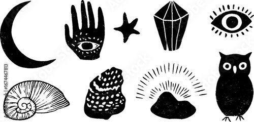 Celestial and intuition symbols collection featuring crescent moon, hand, and owl for boho design