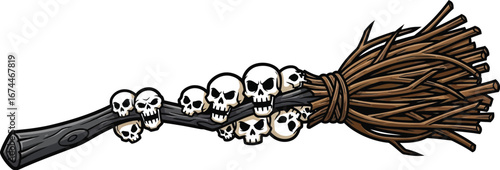 Spooky witch's broom with skulls attached to the handle ready for halloween