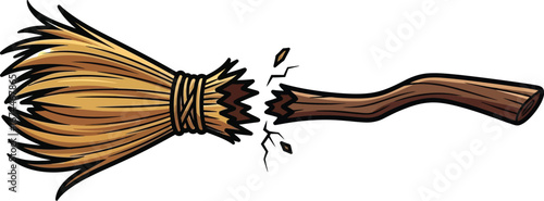 Broken cartoon broom with straw bristles and a wooden handle is isolated here