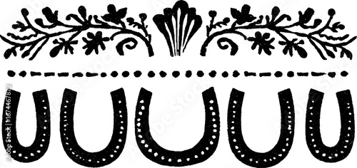 Rustic ironwork linocut design with horseshoe border for decor and crafts