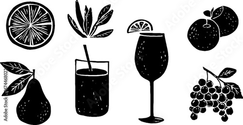 Vintage linocut juice collection featuring orange slice, apple, glass, and grapes for creative design