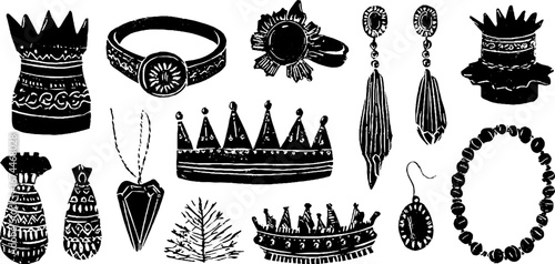 Linocut craft jewellery collection with rings, pendants, earrings for boho design projects