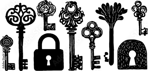 Vintage linocut medieval keys and locks collection for graphic design