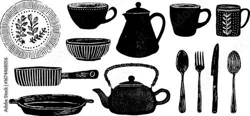 Rustic kitchenware collection in linocut style featuring plates, bowls, mugs, and teapots for boho interior design