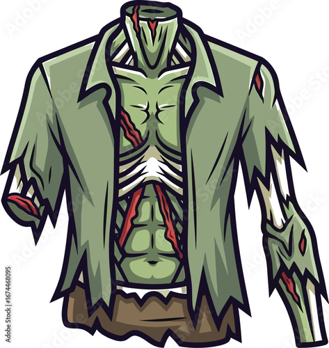 Cartoon zombie torso with exposed ribs and torn green shirt on a white background