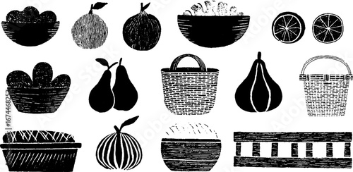 Seamless linocut market pattern featuring rustic fruits and vegetables for fabric and wallpaper designs